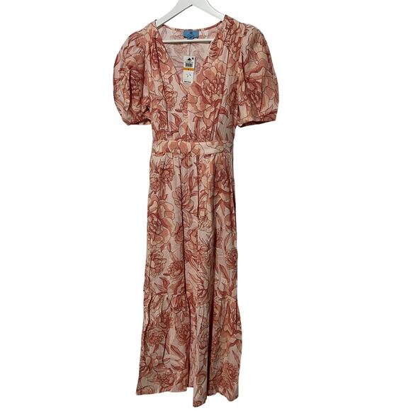 CECE WOMENS SIZE SMALL FLORAL PUFF SLEEVE BELTED LINEN BLEND MAXI DRESS PINK NEW - Picture 4 of 13